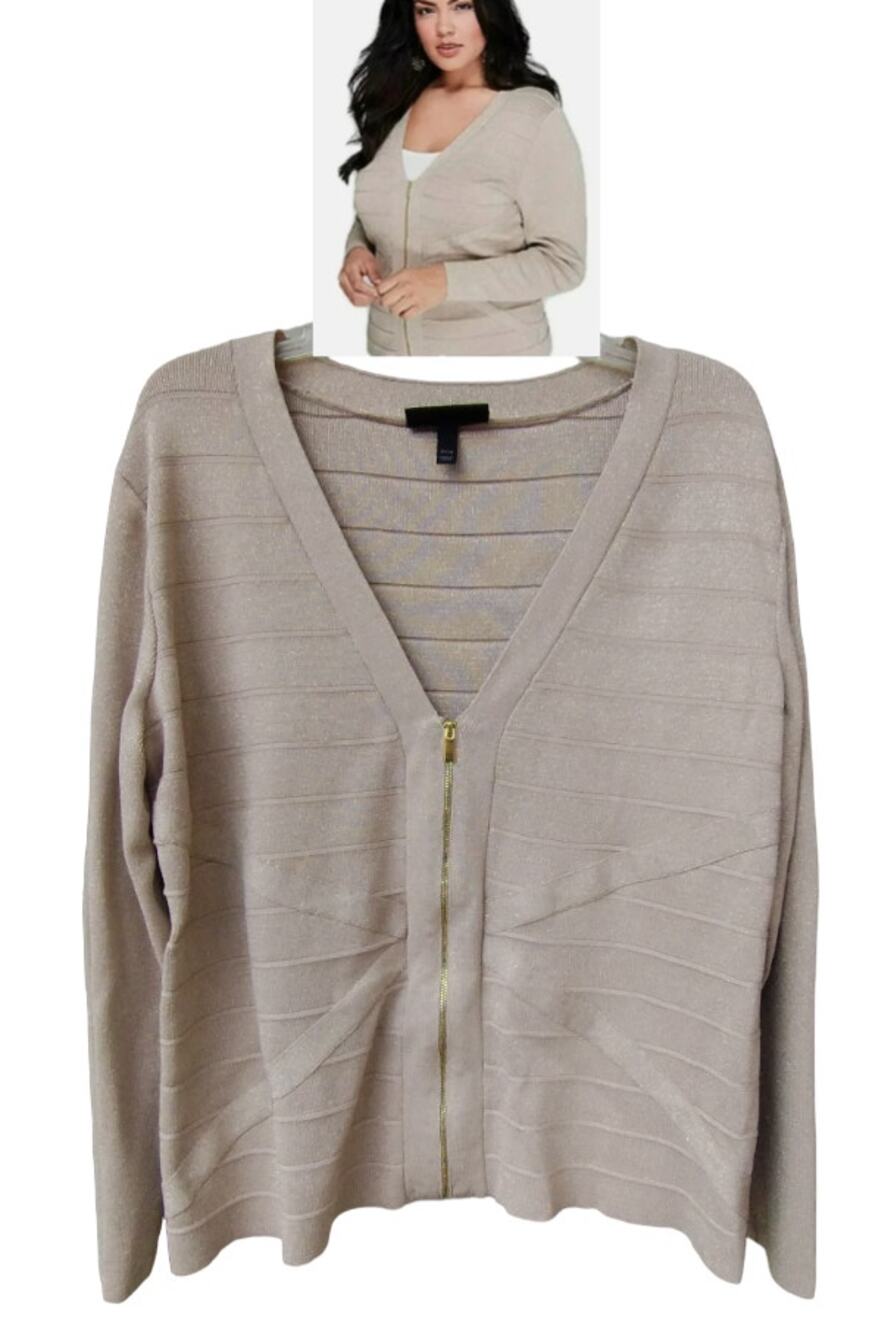 Lane Bryant Gold Sparkle Metallic Front Zip Cardigan Size 22-24 Nylon/Rayon 2XL